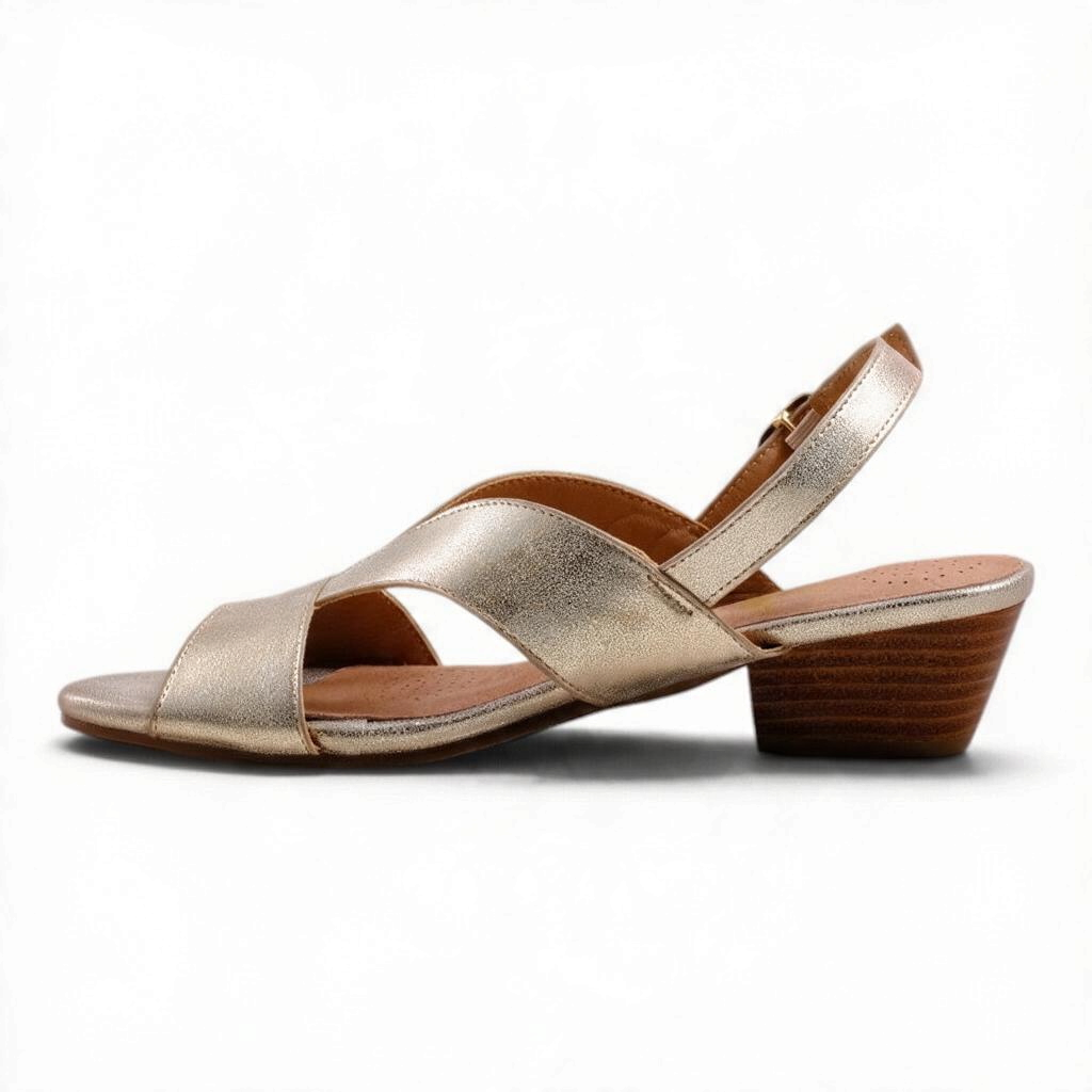 Step Ahead Flone Jasmine champagne metallic low heel sandal with a supportive sole and comfortable leather footbed