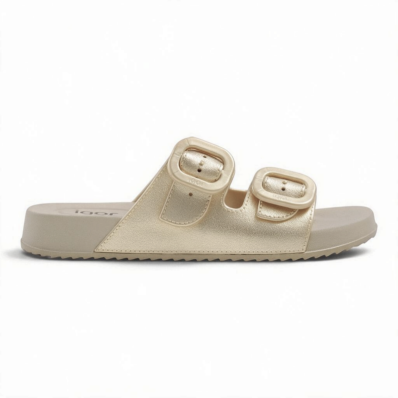 Step Ahead Igor Habana gold metallic double-buckle slide sandals with a contoured footbed and side profile view.