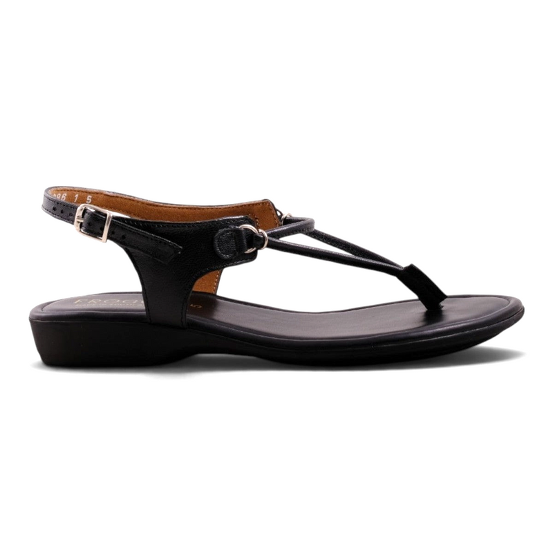 Step Ahead Froggie black leather spaghetti-strap sandal with adjustable backstrap and rounded-toe silhouette