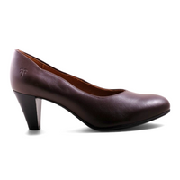 Step Ahead Froggie brown leather wide-fit court shoe with an 8.5cm mid heel and pointed toe design.