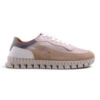 Step Ahead Pesso Adele sneaker in beige and grey leather and suede with a unique stitched sole and white laces.
