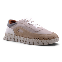 Step Ahead Pesso Adele beige and grey leather sneaker with suede accents and a unique stitched non-slip sole