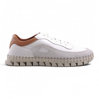 Step Ahead Pesso Adele white leather and tan suede sneaker with a unique stitched sole and padded footbed