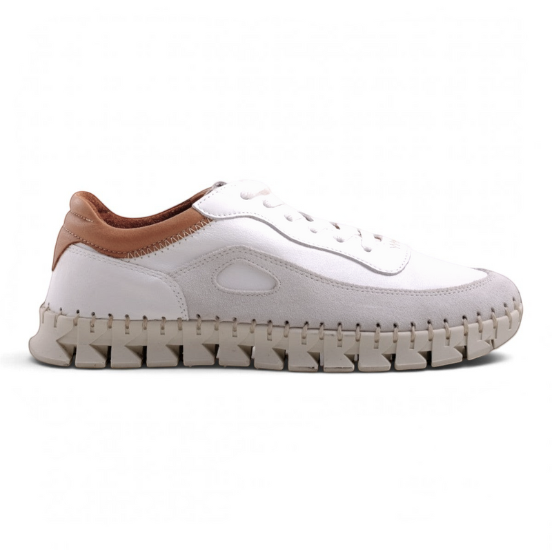 Step Ahead Pesso Adele white leather and tan suede sneaker with a unique stitched sole and padded footbed