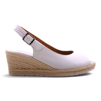 Step Ahead Froggie white leather slingback peep-toe wedge with a jute-wrapped espadrille heel