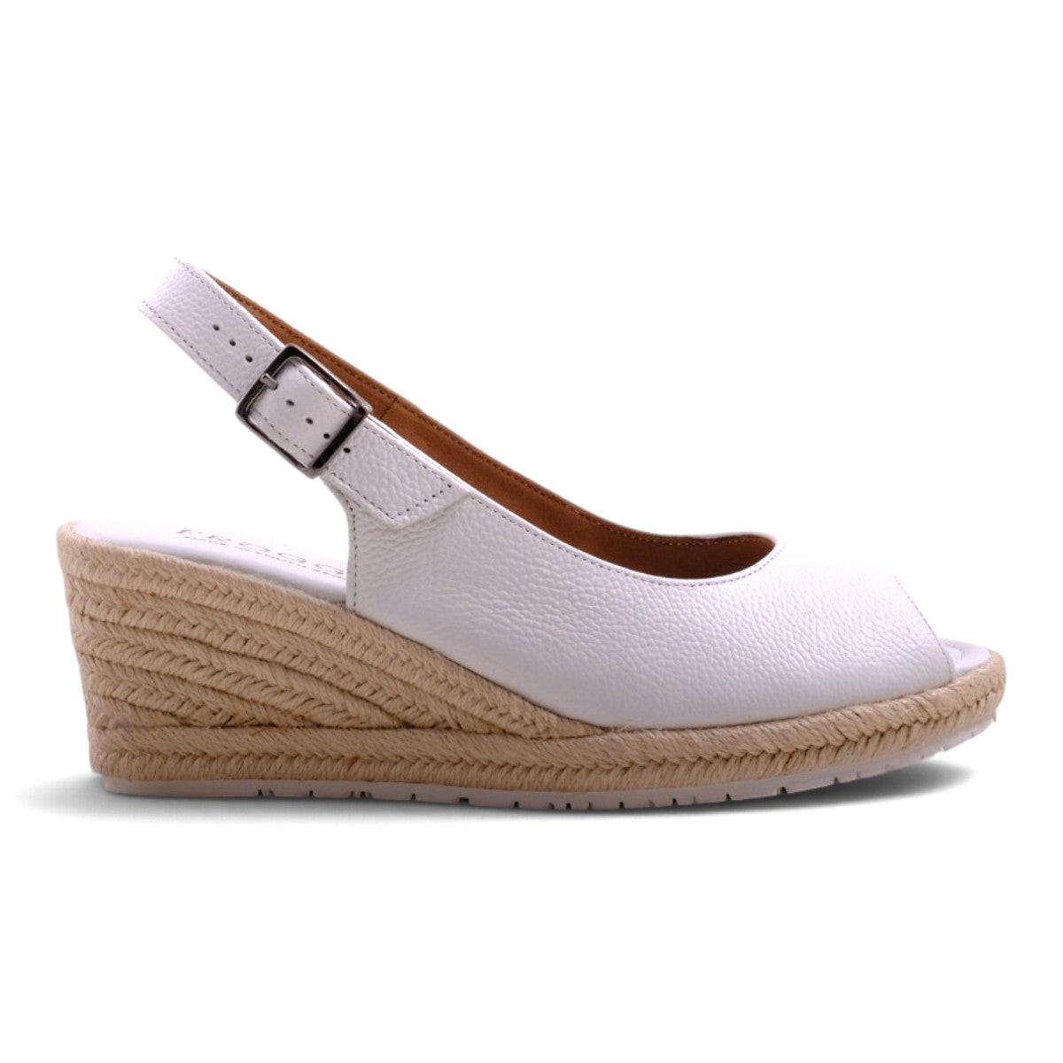 Step Ahead Froggie white leather slingback peep-toe wedge with a jute-wrapped espadrille heel