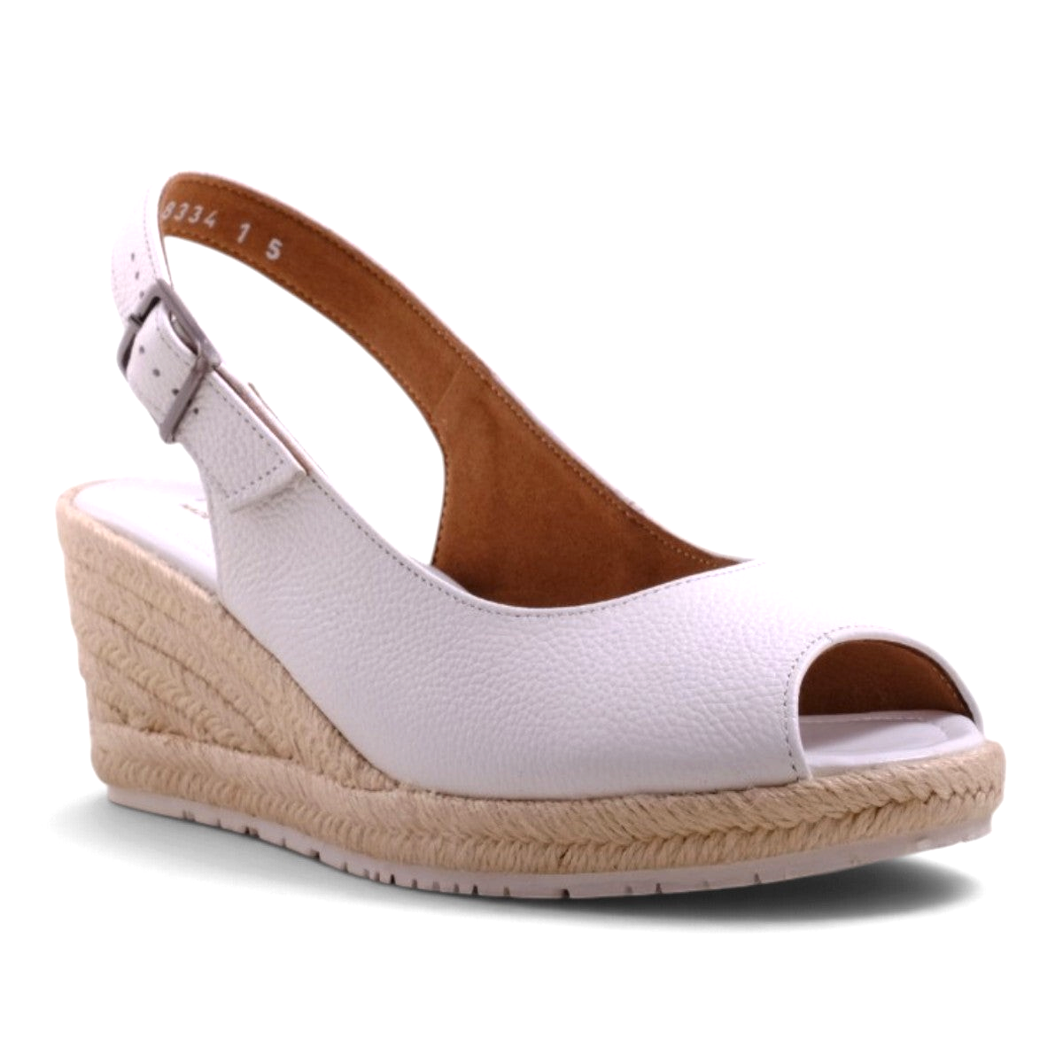 Step Ahead Froggie white leather slingback peep-toe wedge with a jute-wrapped espadrille heel