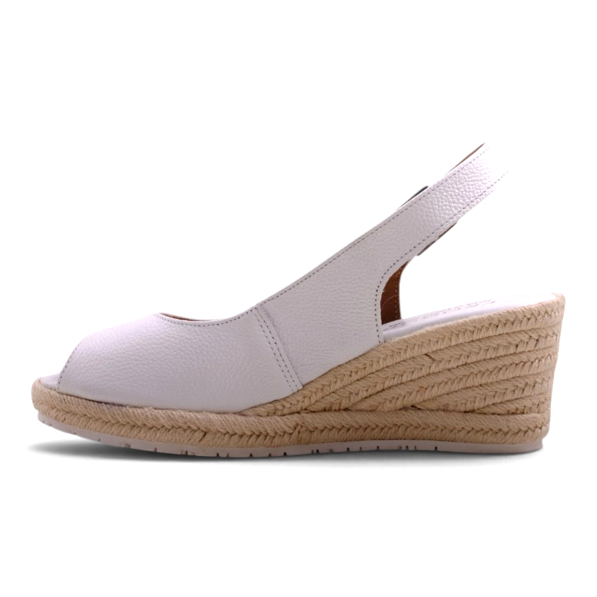 Step Ahead Froggie white leather slingback peep-toe wedge with a jute-wrapped espadrille heel