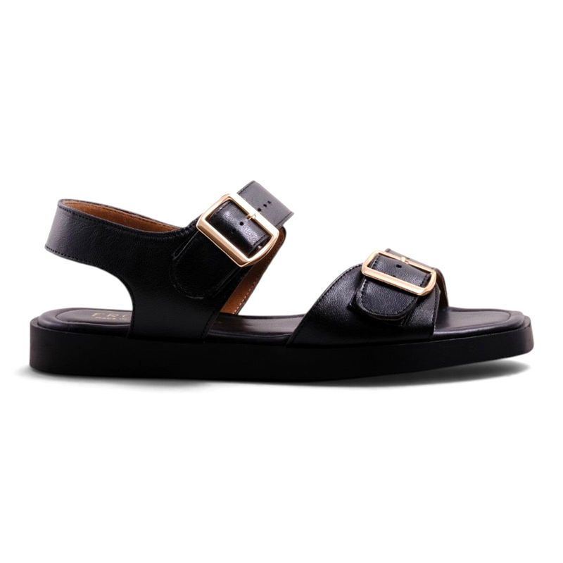 Step Ahead Froggie black leather sandals with double gold buckles, square toe, and memory foam footbed.