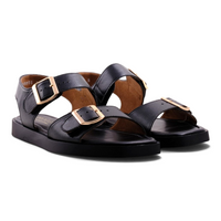 Step Ahead Froggie black leather double-buckle sandals with gold hardware and memory foam footbed