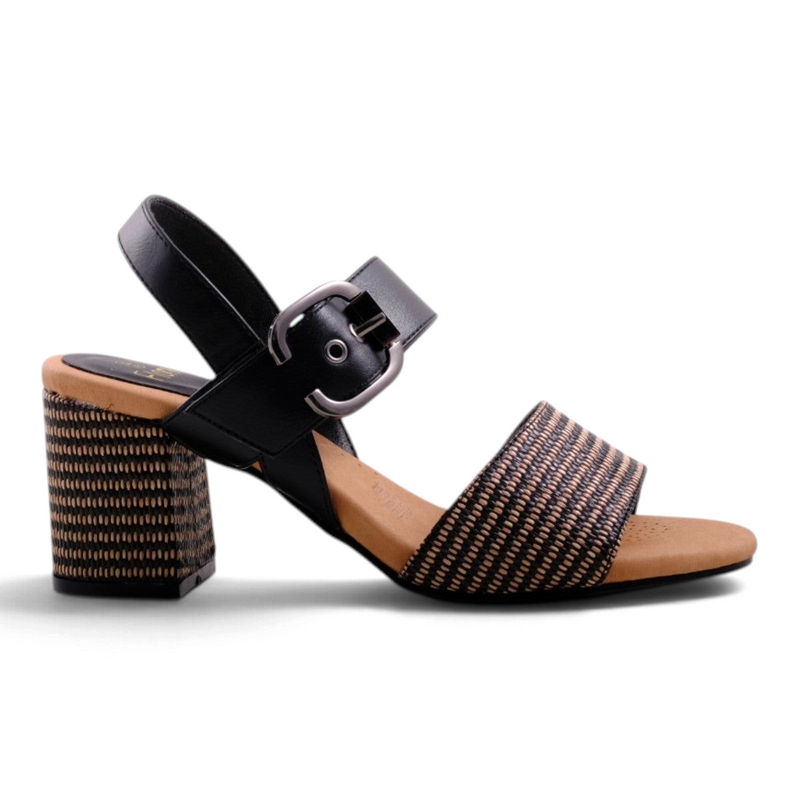 Step Ahead Flone Sway black multi block heel sandal with woven texture strap and adjustable buckle ankle strap