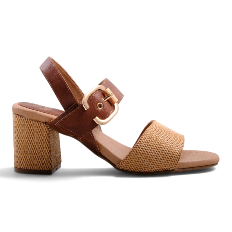 Step Ahead Flone Sway tan multi block heel sandal with woven texture and gold buckle detail