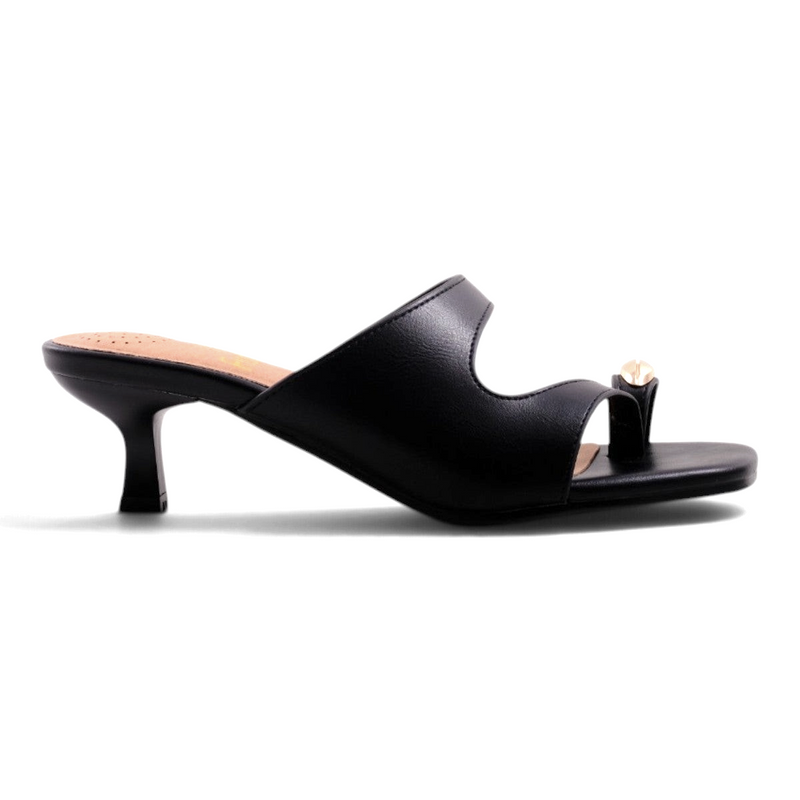 Step Ahead Flone Toesy black kitten heel mule sandals with a toe loop and gold-tone accent