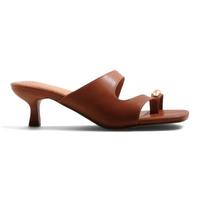Step Ahead Flone Toesy Tan kitten heel sandals in tan leather with a gold-tone toe ring detail