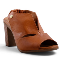 Step Ahead Pesso Shiloh coconut brown leather block-heel sandal with open toe and gold button detail