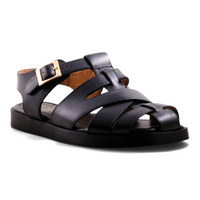 Step Ahead Froggie black leather fisherman sandal with wide criss-cross straps, platform sole, and gold buckle.