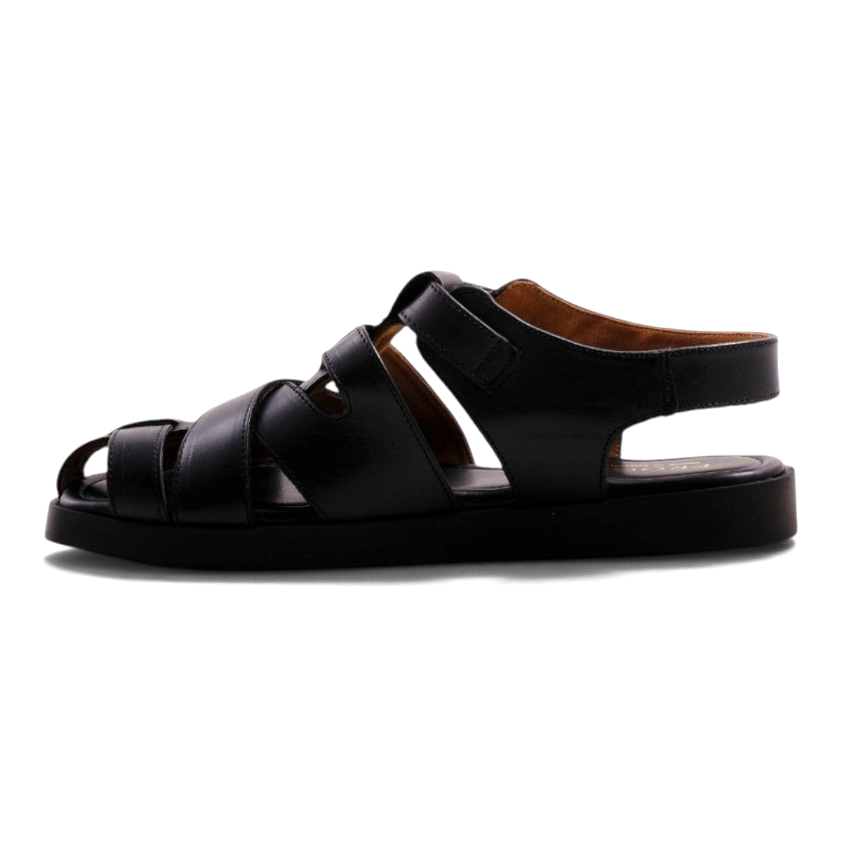 Step Ahead Froggie black fisherman sandal with wide criss-cross straps, platform sole, and adjustable ankle strap.
