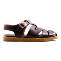 Step Ahead Froggie brown leather fisherman sandal with criss-cross straps, platform sole, and gold buckle side view
