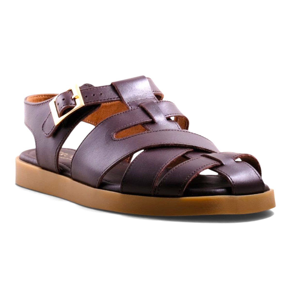 Step Ahead Froggie brown leather fisherman sandal with wide criss-cross straps and an adjustable gold buckle