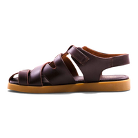 Step Ahead Froggie brown leather fisherman sandal with criss-cross straps and a flat platform sole
