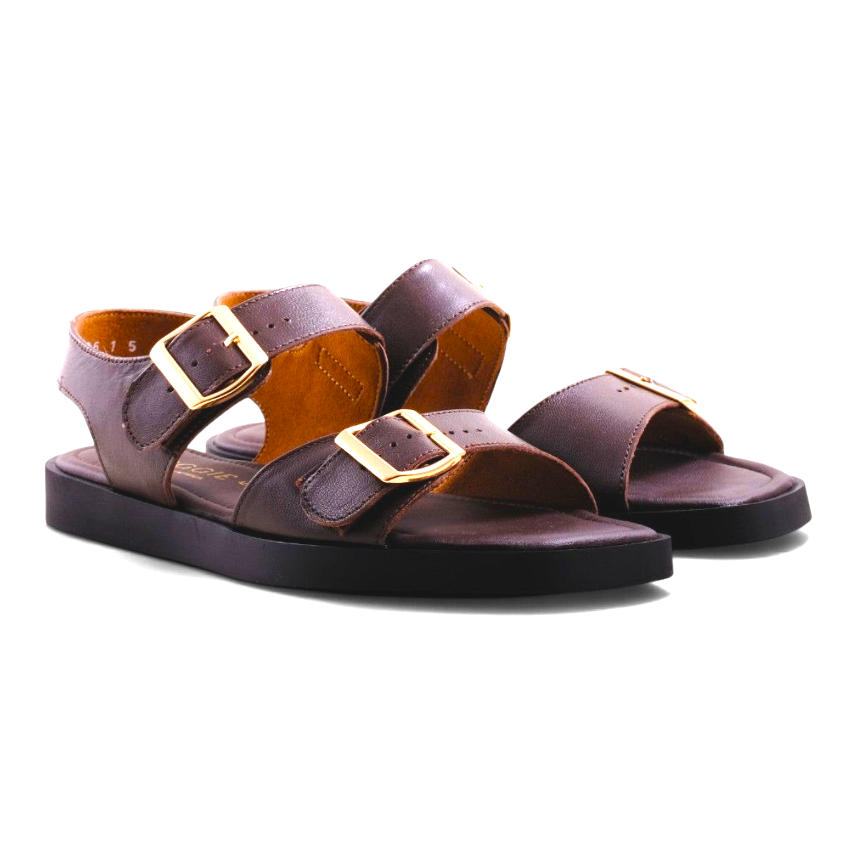 Step Ahead Froggie brown leather double-buckle sandals with gold hardware, square toe, and memory foam footbed.