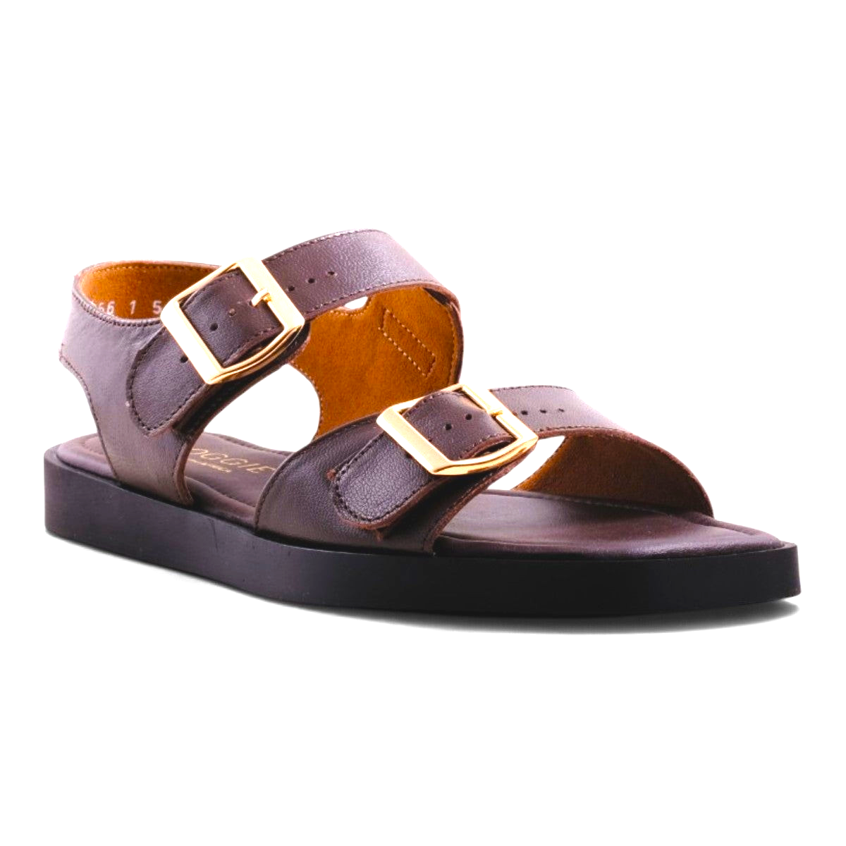 Step Ahead Froggie brown leather double-buckle sandals with gold hardware, square toe, and memory foam footbed.