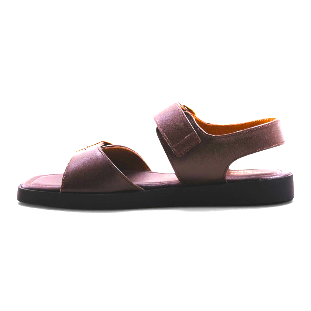 Step Ahead Froggie brown leather double-buckle sandal with a square toe and gold hardware on a white background