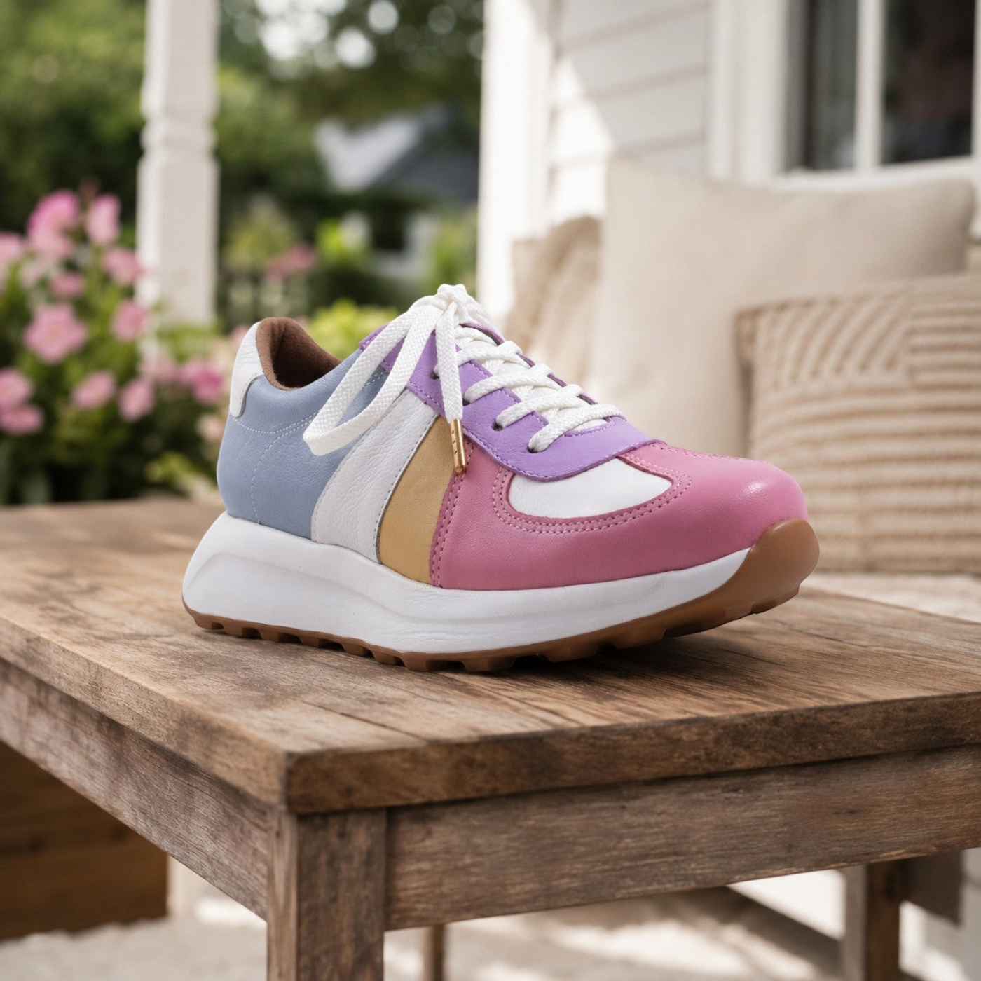 Step Ahead Froggie 12688 pastel leather sneaker with memory foam, white laces, and a non-slip sole on a wooden table.