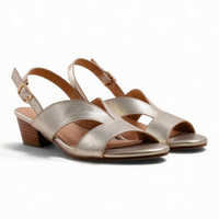Step Ahead Flone Jasmine champagne metallic leather slingback sandals with a low block heel and comfortable footbed.