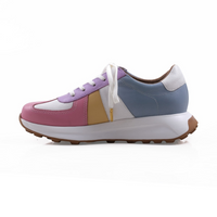 Step Ahead Froggie 12688 pastel leather sneaker with white laces, memory foam sole, and multi-coloured panel design.