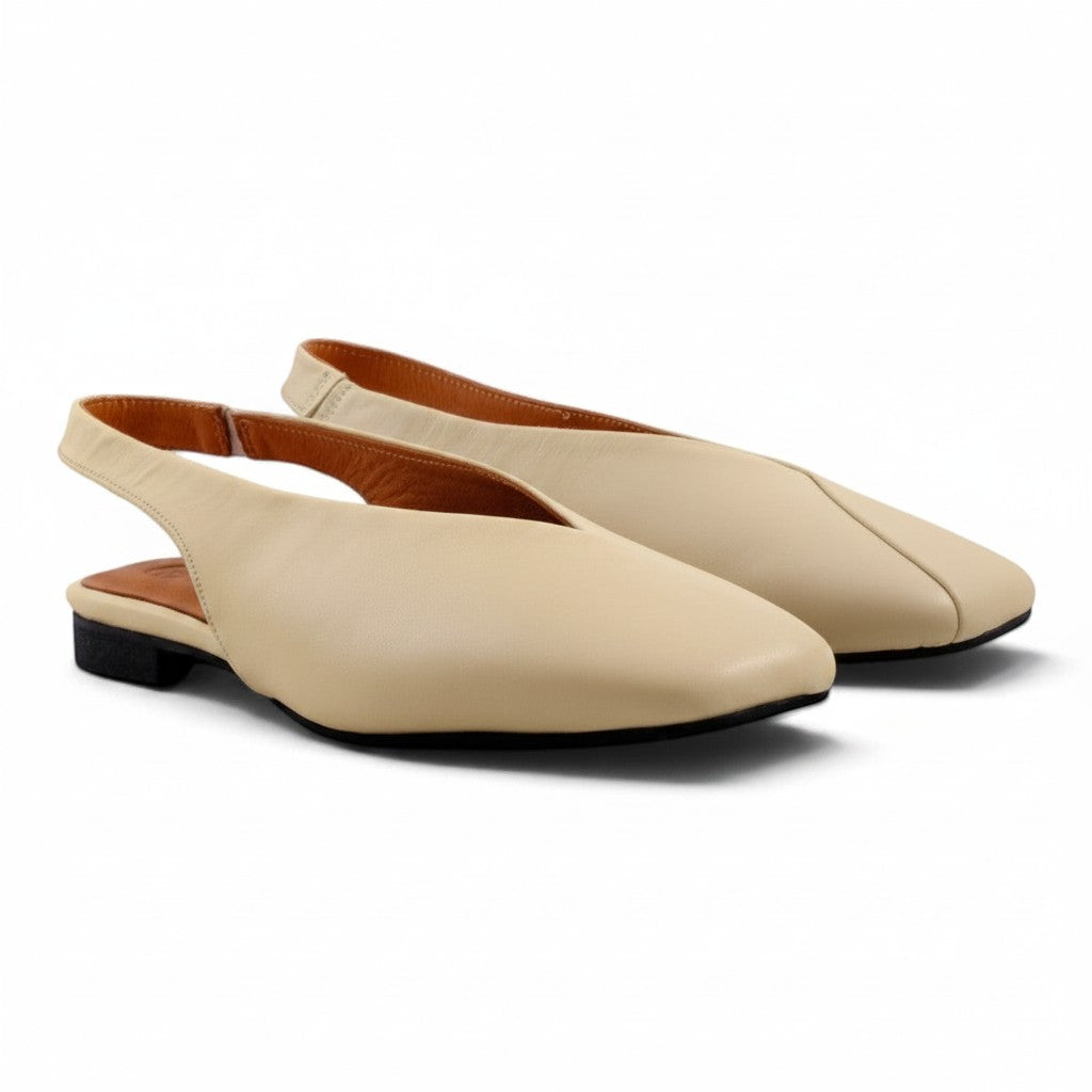 Step Ahead Pesso Madel beige leather slingback pumps with a soft padded sole and subtle fold detail.