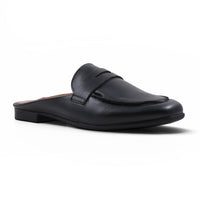Step Ahead Froggie black leather slip-on loafer mule with a classic penny strap detail