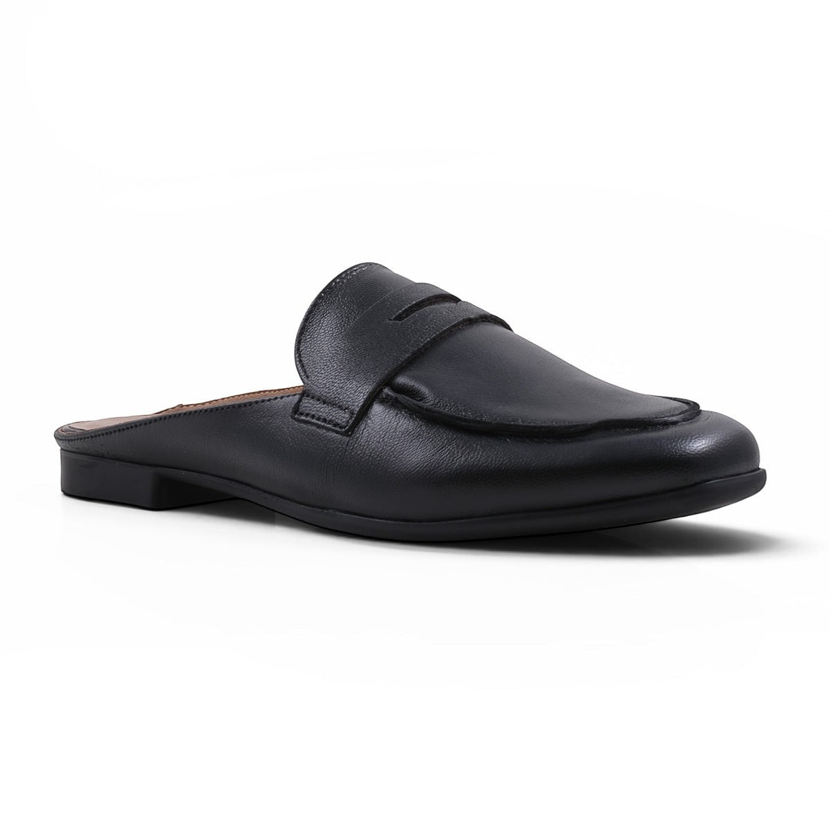 Step Ahead Froggie black leather slip-on loafer mule with a classic penny strap detail