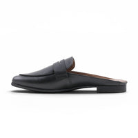 Step Ahead Froggie 12974 black leather slip-on mule loafer with a classic penny strap detail