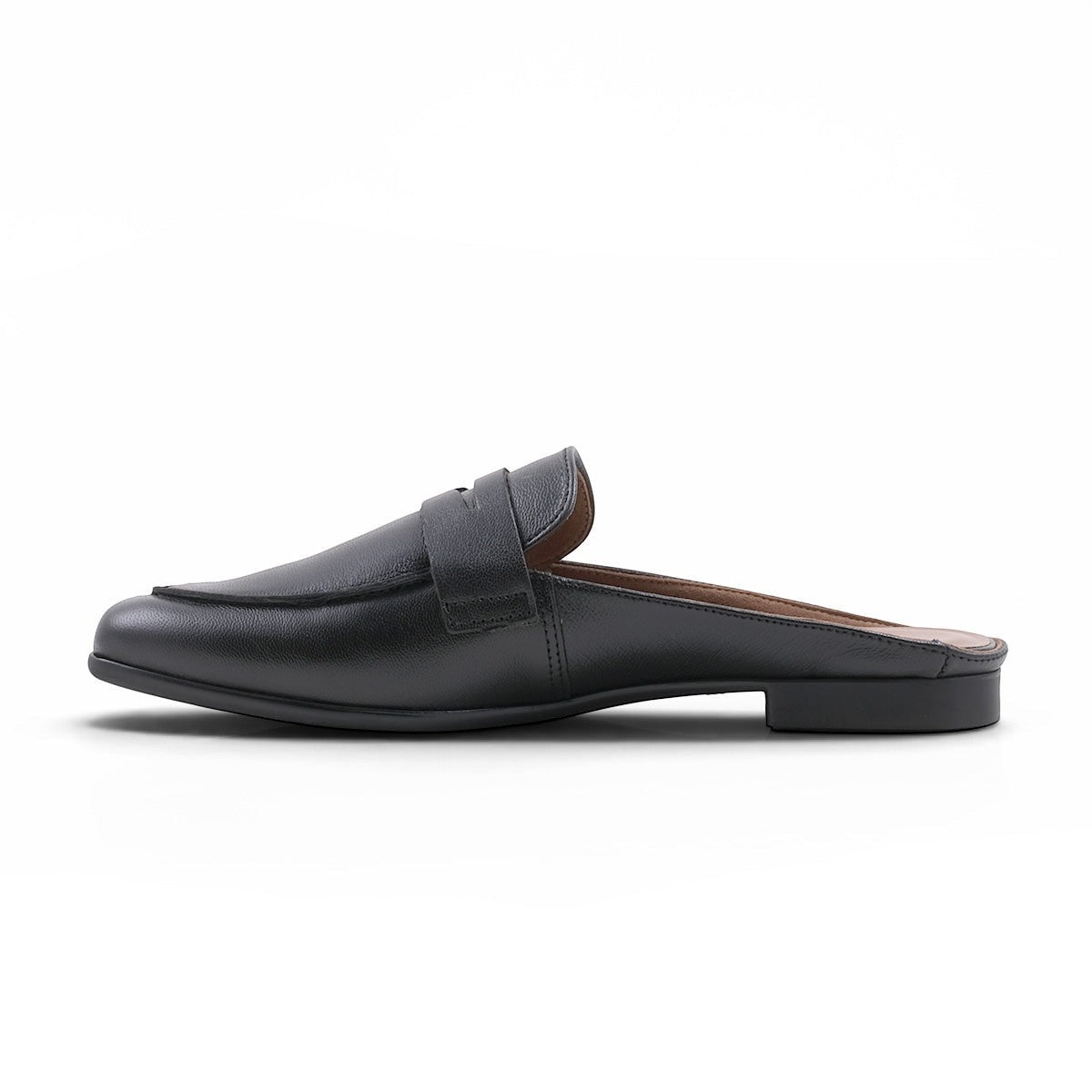 Step Ahead Froggie 12974 black leather slip-on mule loafer with a classic penny strap detail