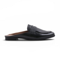 Step Ahead Froggie black leather slip-on mule loafers with a classic penny strap design, side view.