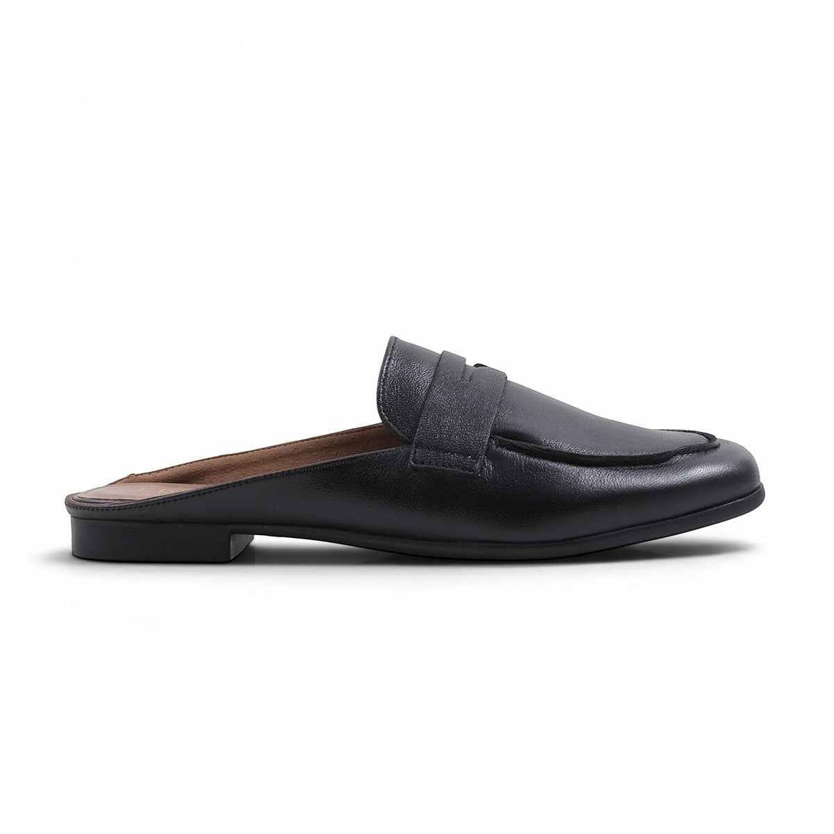 Step Ahead Froggie black leather slip-on mule loafers with a classic penny strap design, side view.