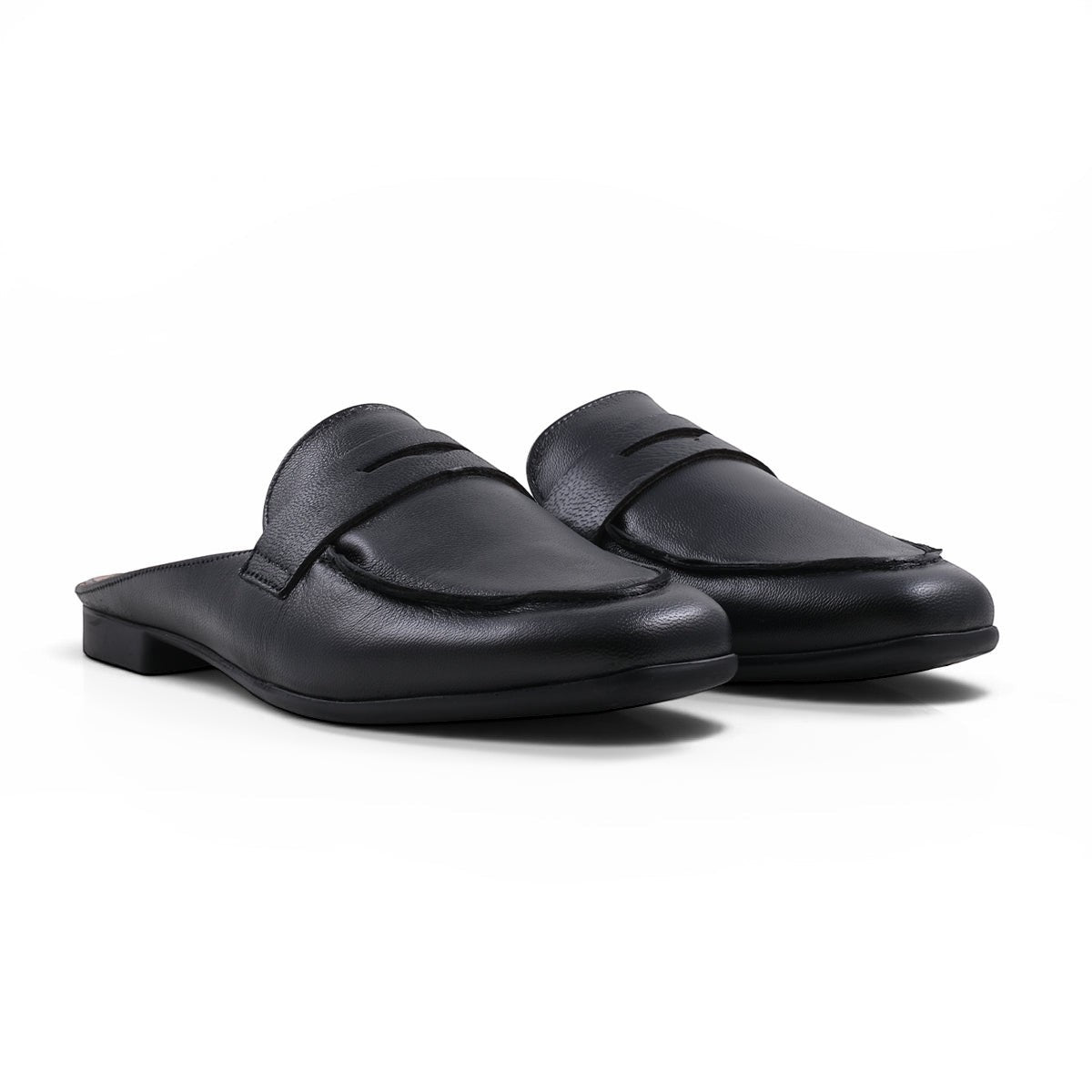 Step Ahead Froggie black leather slip-on loafers with a classic penny strap design on a white background