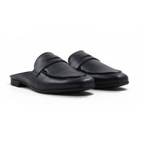 Step Ahead Froggie black leather slip-on loafers with a classic penny strap design on a white background