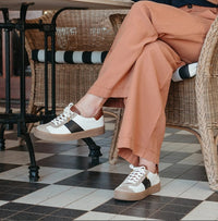 Step Ahead Froggie 12795 multi-tone leather sneakers with caramel brown platform soles and memory foam comfort.