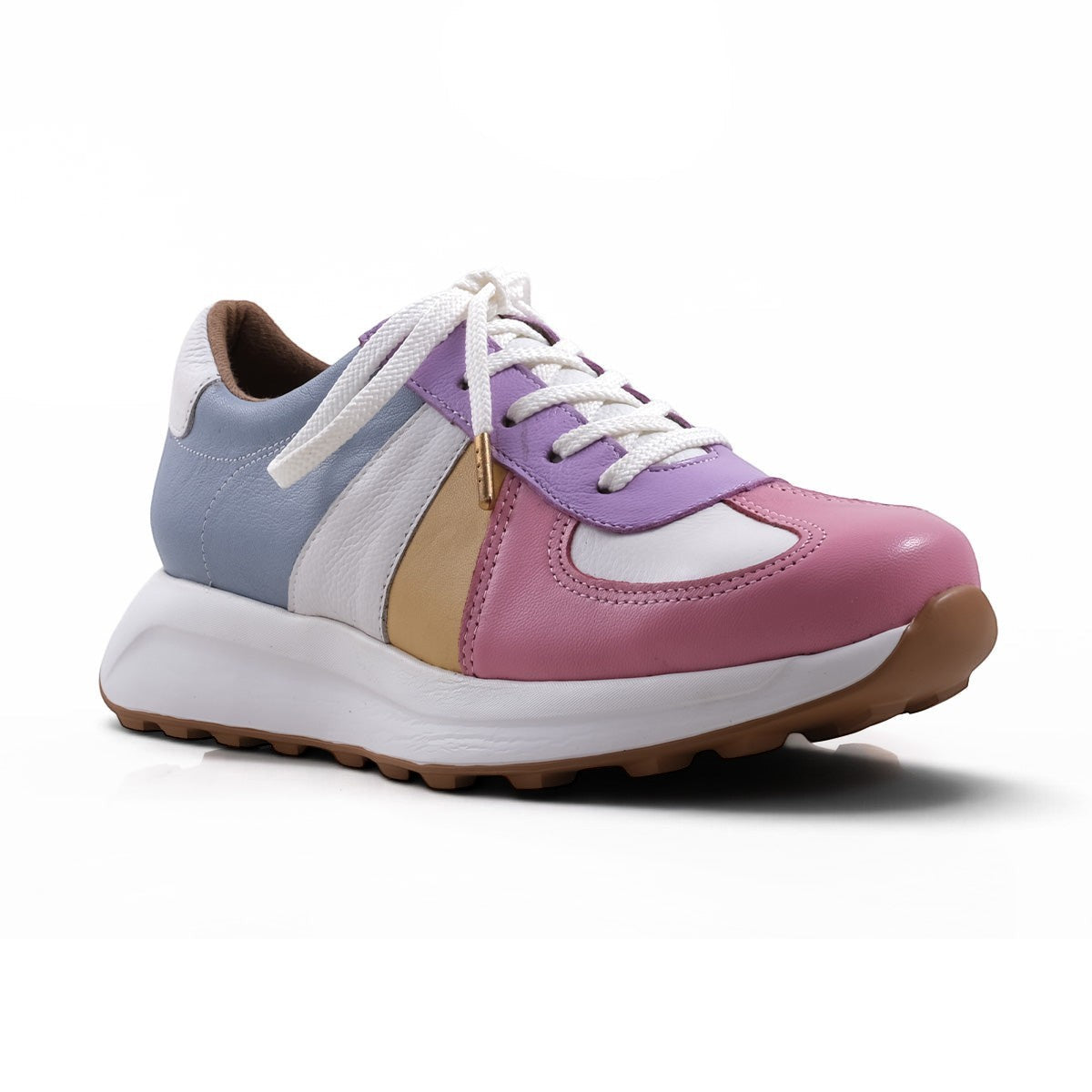 Step Ahead Froggie pastel leather sneaker with memory foam, white laces, and a lightweight non-slip sole.