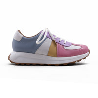 Step Ahead Froggie pastel leather sneaker with multi-coloured panels, white laces, and a comfortable non-slip sole.