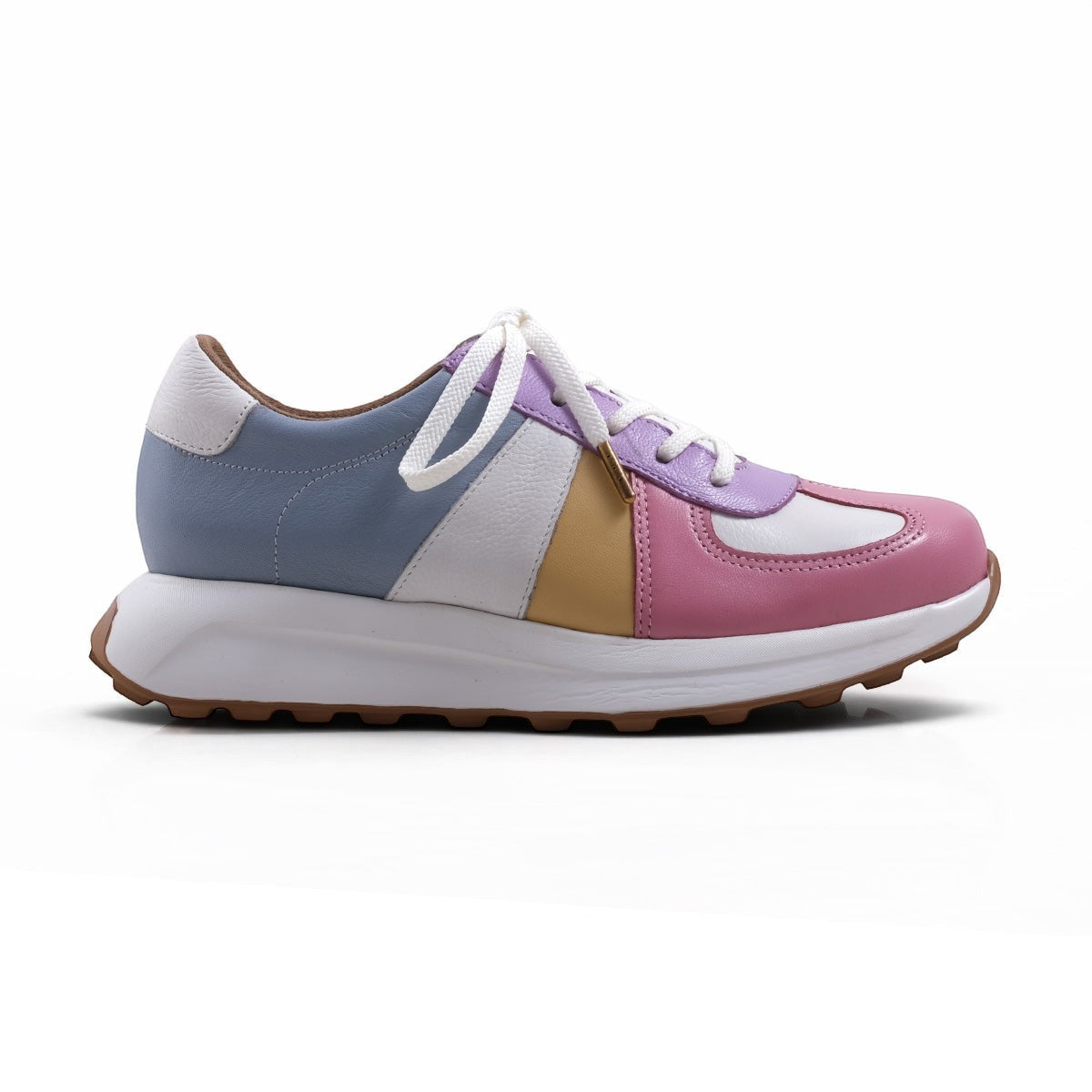 Step Ahead Froggie pastel leather sneaker with multi-coloured panels, white laces, and a comfortable non-slip sole.