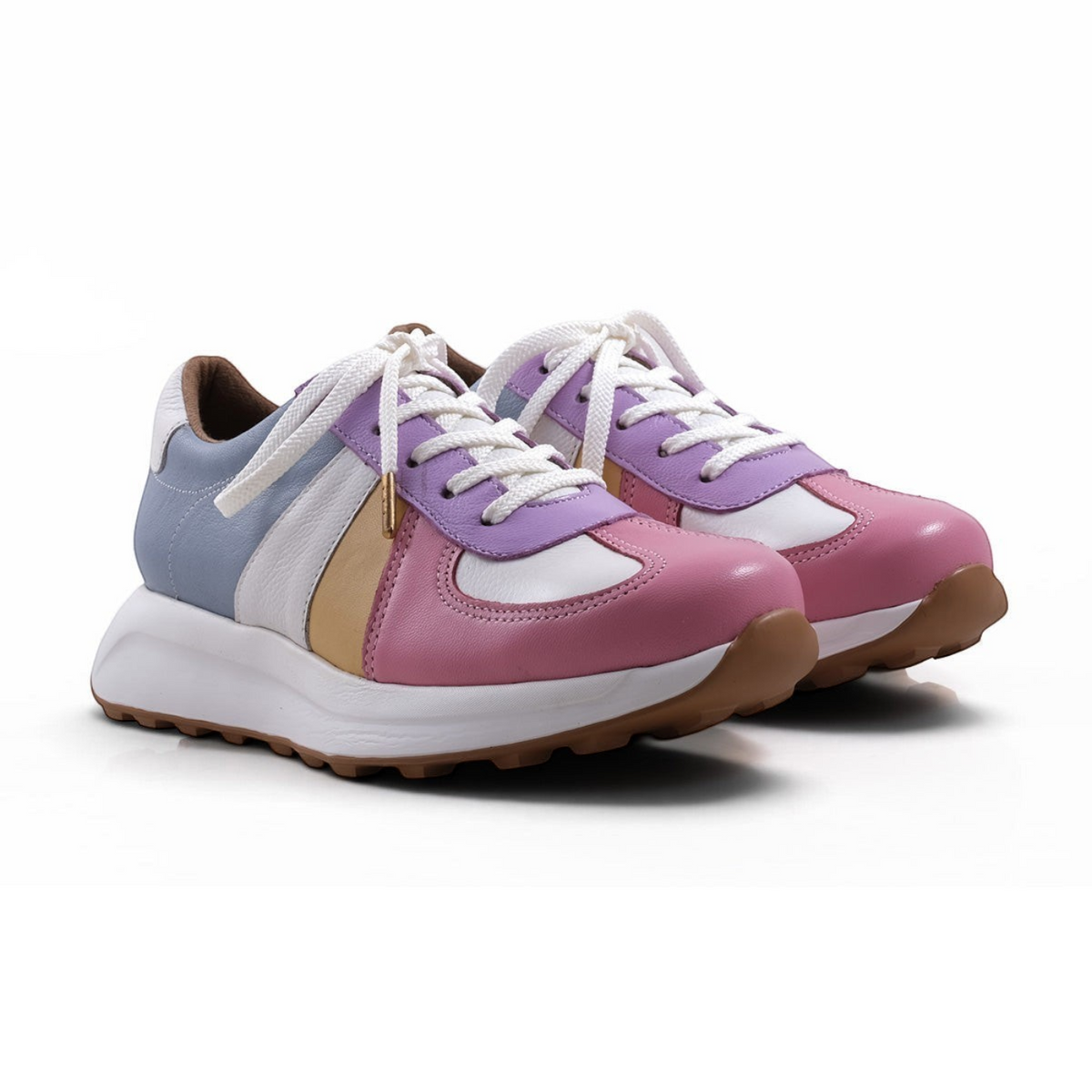 Step Ahead Froggie pastel leather sneakers with memory foam, white laces, and a lightweight non-slip sole.