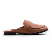 Step Ahead Froggie tan genuine leather open-backed penny loafer with a padded in-sole and black non-slip outsole.