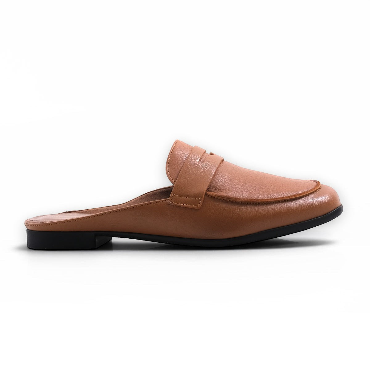 Step Ahead Froggie tan genuine leather open-backed penny loafer with a padded in-sole and black non-slip outsole.