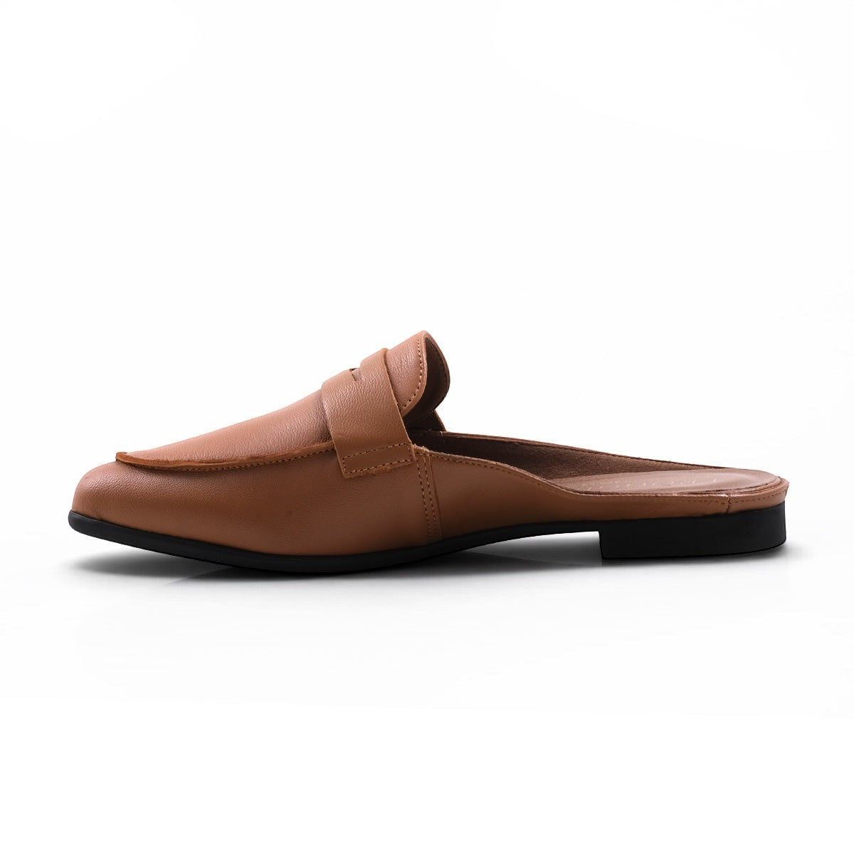 Step Ahead Froggie tan genuine leather open-backed penny loafer with a padded insole and flat non-slip outsole.