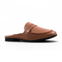 Step Ahead Froggie tan genuine leather open-backed penny loafer with a padded in-sole and non-slip outsole