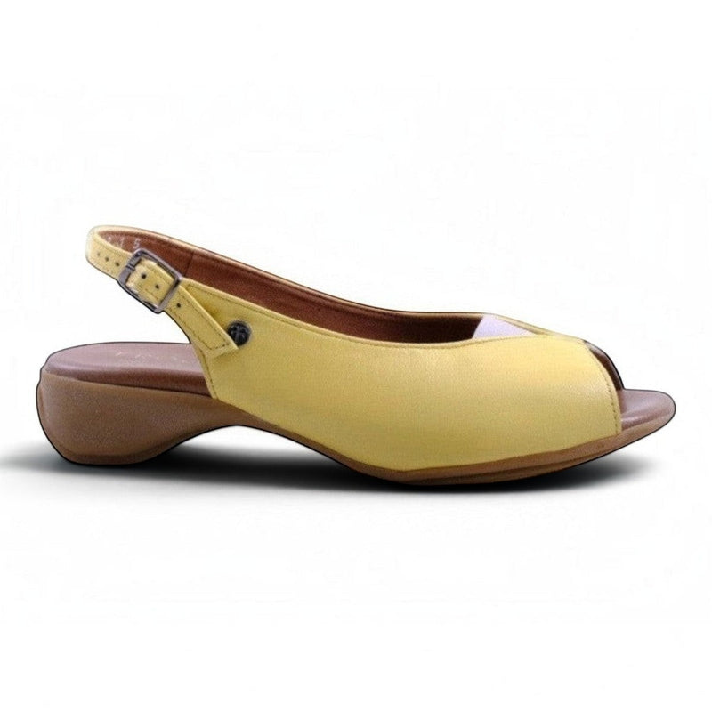 Step Ahead Froggie butter yellow leather peep-toe slingback sandals with adjustable backstrap and memory foam insole