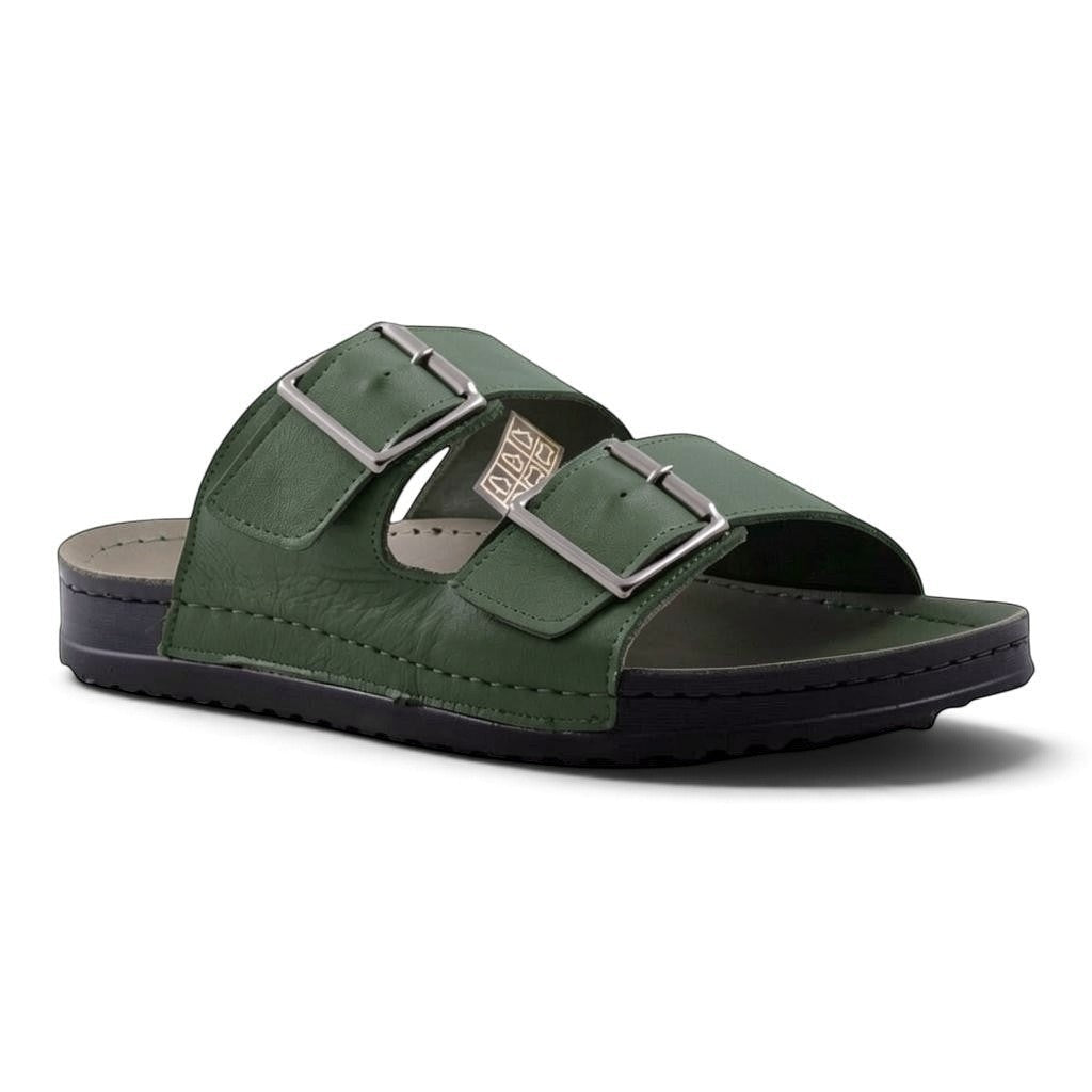 Step Ahead Pesso olive green leather men's slide sandals with two adjustable silver buckles and a black sole.